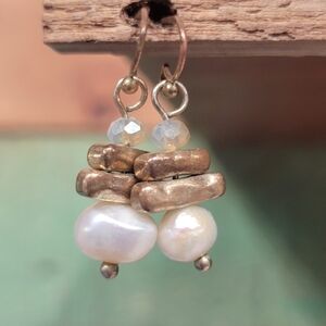 Beachy White Pearl Gold Knotted Iridescent Bead Drop Earrings